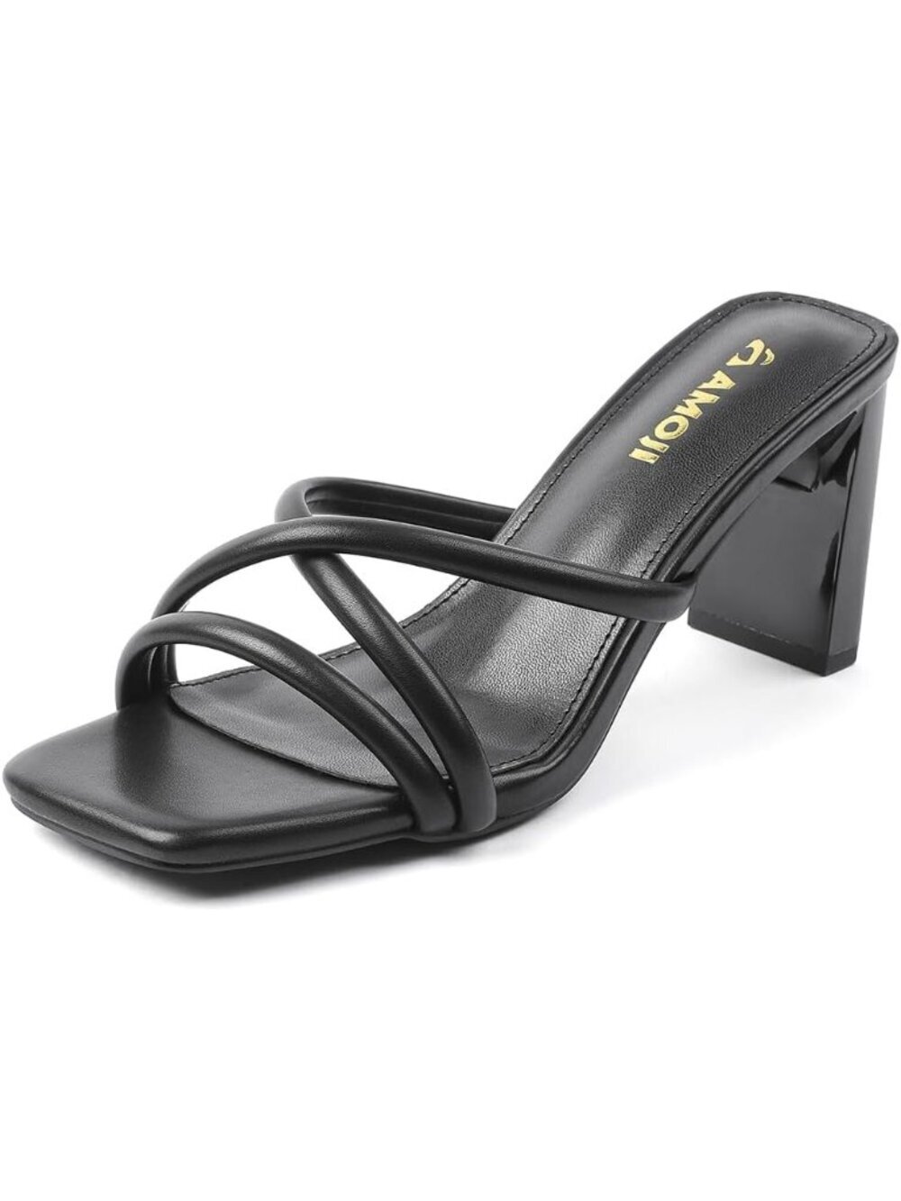 Women's Black 3 Inches Slip On Block Heels Square Toe Casual Heeled Sandals